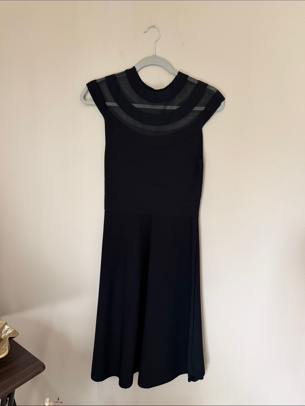 Eliza J BrandElegant Black Fit-and-Flare Dress with Sheer Panel Yoke Size Medium